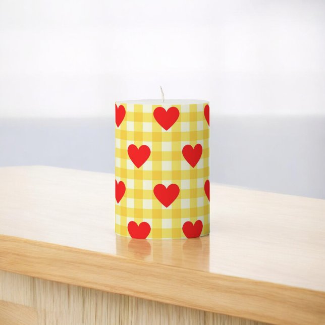 Red Heart Yellow Gingham Pattern Valentine's Day Pillar Candle (Red Heart Yellow Gingham Pattern Valentine's Day Pillar Candle)