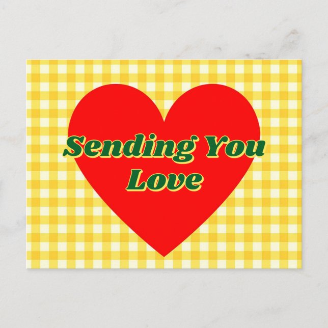 Red Heart Yellow Gingham Romantic Gift  Postcard (Front)