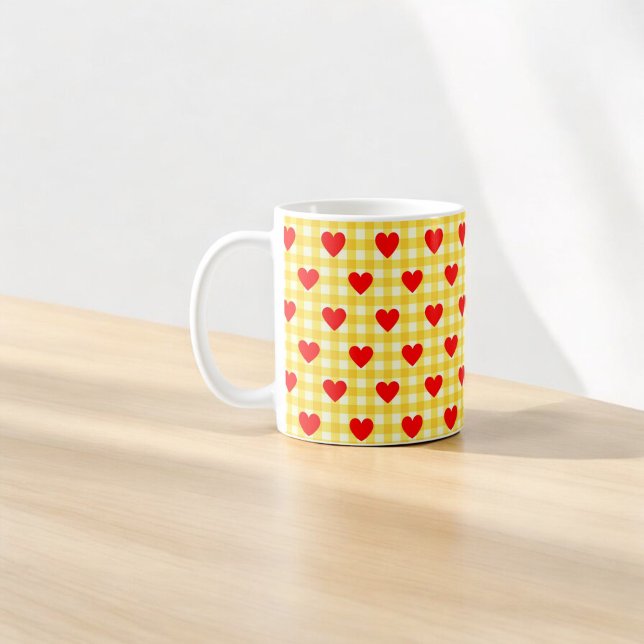 Red Heart Yellow Gingham Valentine's Day Gift Coffee Mug (Creator Uploaded)