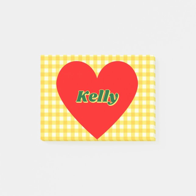 Red Heart Yellow Gingham Valentine's Day Post-it Notes (Front)