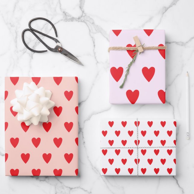 Red Hearts Abstract Hand Drawn Boho Style Pattern Wrapping Paper Sheets (Front)