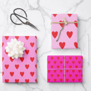Red Hearts Abstract Hand Drawn Boho Style Pattern Wrapping Paper Sheets
