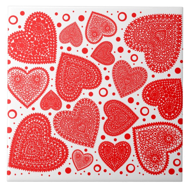 Red Hearts All Over Pattern Ceramic Tile (Front)
