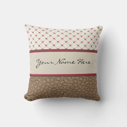 Red Hearts and Arrows on Brown Throw Pillow