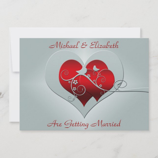 Red hearts and birds on Silver Wedding invitation (Front)