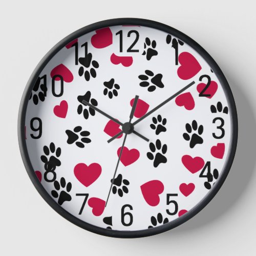 Red Hearts and Black Paw Prints  Clock
