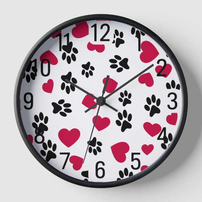 Red Hearts and Black Paw Prints  Clock (Front)