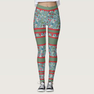 Red Hearts and Daisies With Bold Racing Stripes Leggings