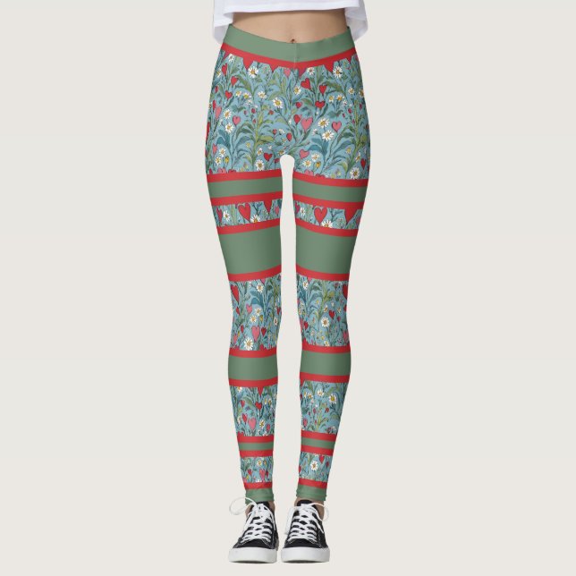 Red Hearts and Daisies With Bold Racing Stripes Leggings (Front)