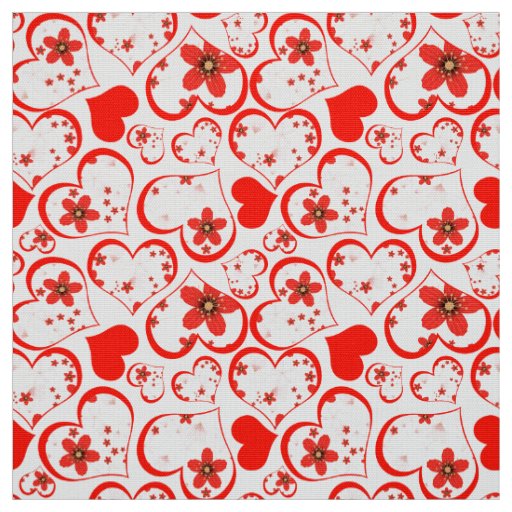 Red hearts and flowers on a white background. fabric