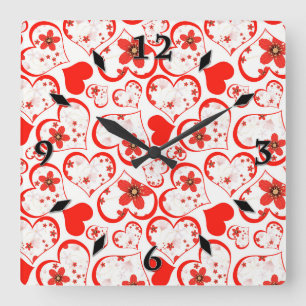 Red hearts and flowers on a white square wall clock