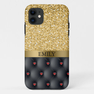 Red Hearts And Gold Glitter iPhone 11 Case