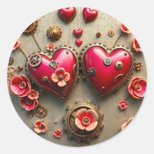 Red Hearts and Gold Metal Gears Steampunk Classic Round Sticker