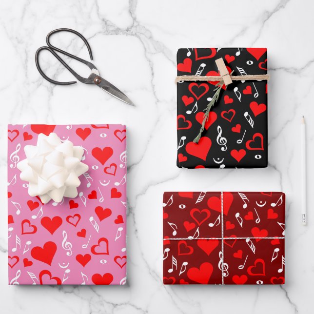 Red Hearts and Music Notes Adult Cloth Face Mask Wrapping Paper Sheets (Front)