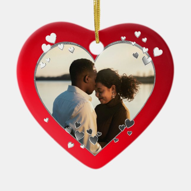 Red Hearts and Ribbon Photo Ceramic Ornament (Front)