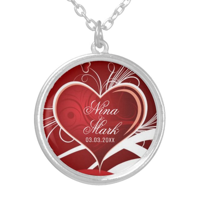 Red Hearts and White Swirls - Save the date Silver Plated Necklace (Front)
