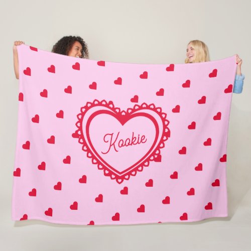 Red Hearts Artfully Monogrammed Pink Fleece Blanket
