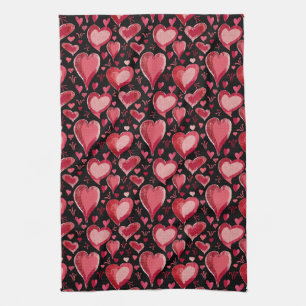 Red Hearts Artistic Pattern Valentine`s Day Kitchen Towel