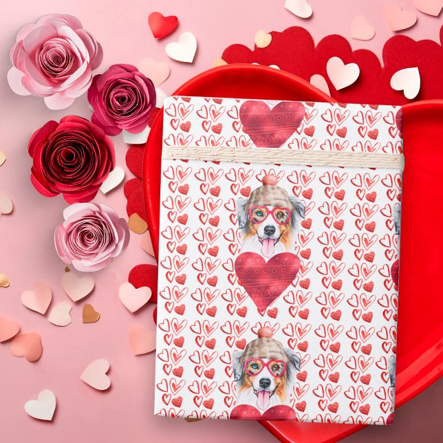 Red Hearts Australian Shepherd Dog Lover Valentine Wrapping Paper (Creator Uploaded)