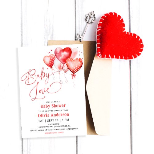Red Hearts Baby Love Valentines Baby Shower Invitation