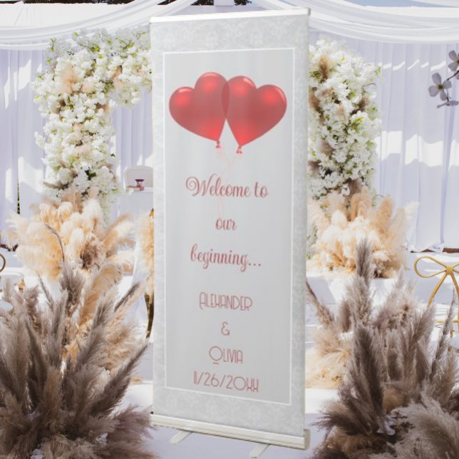 Red Hearts Balloons Wedding Retractable Banner (Red Heart Balloons Wedding Welcome Banner)