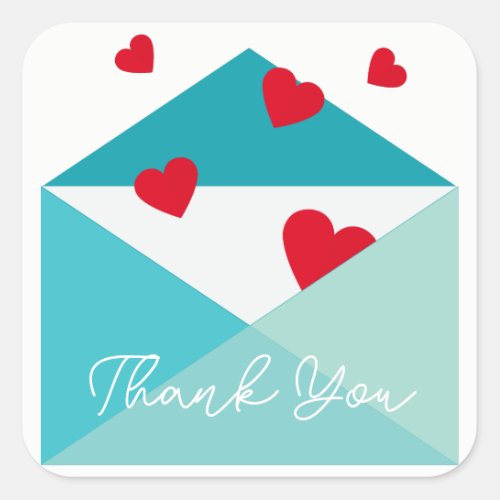 Red Hearts Blue Envelope Thank You Square Sticker