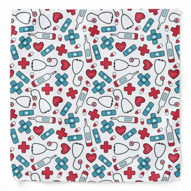 Red Hearts Blue Nurse Doctor Pattern Bandana (Front)