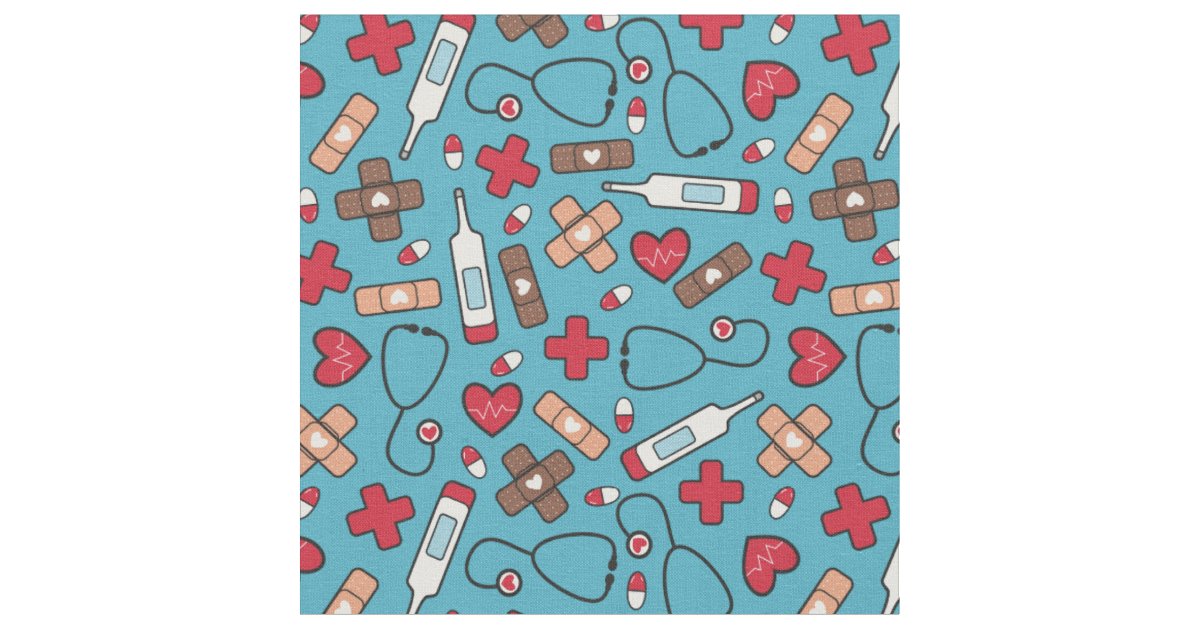 Red Hearts Blue Nurse Doctor Pattern Fabric | Zazzle