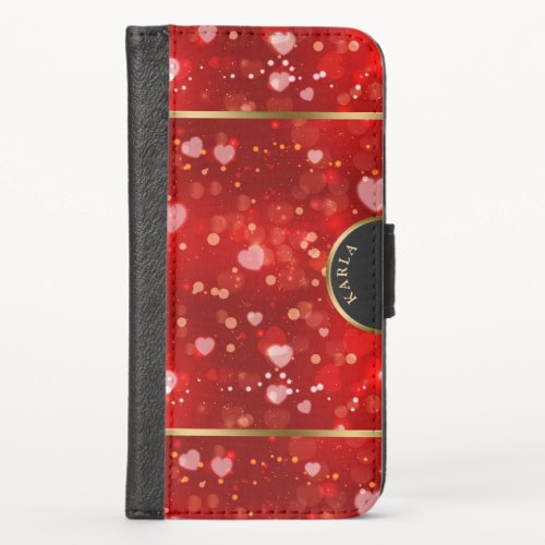 Red hearts bokeh glitter with gold accents iPhone x wallet case