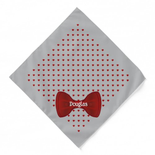 Red Hearts Bow Tie Personalized Pet Name Gray Pet Bandana