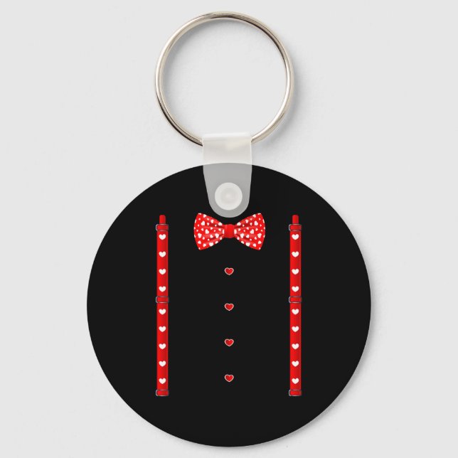 Red Hearts Bow Tie Suspenders Valentines Day Costu Keychain (Front)