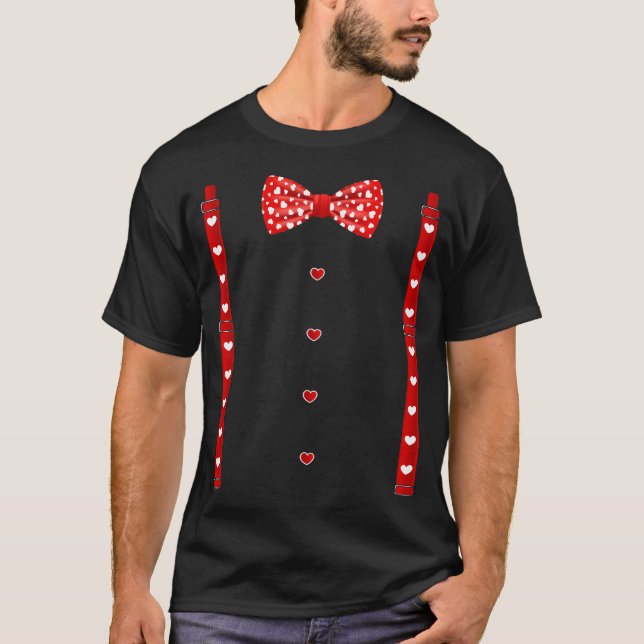 Red Hearts Bow Tie Suspenders Valentines Day Costu T-Shirt (Front)