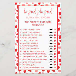 Red Hearts Bride or Groom Guess Who Said it Game