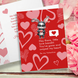 Red Hearts Bunny Love Bandit Funny Valentine's Day Card