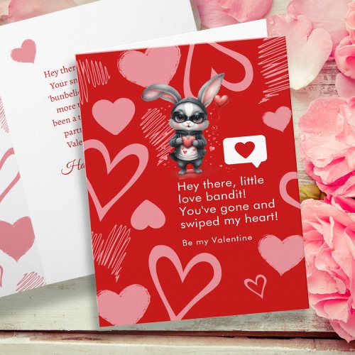 Red Hearts Bunny Love Bandit Funny Valentines Day Card