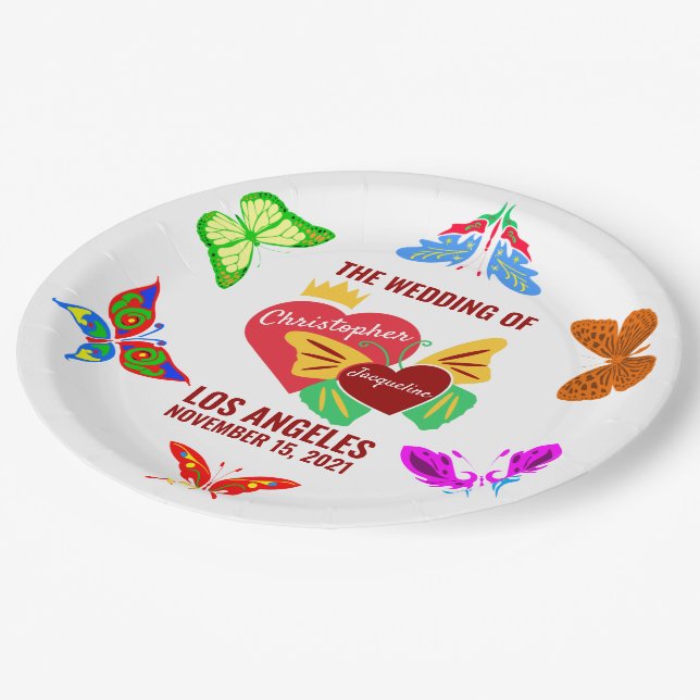 Red Hearts, Butterflies Cheerful Paper Plates (Angled)