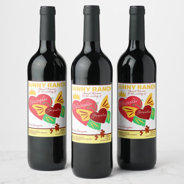 Red Hearts, Butterfly Cheerful Wine Label (Bottles)