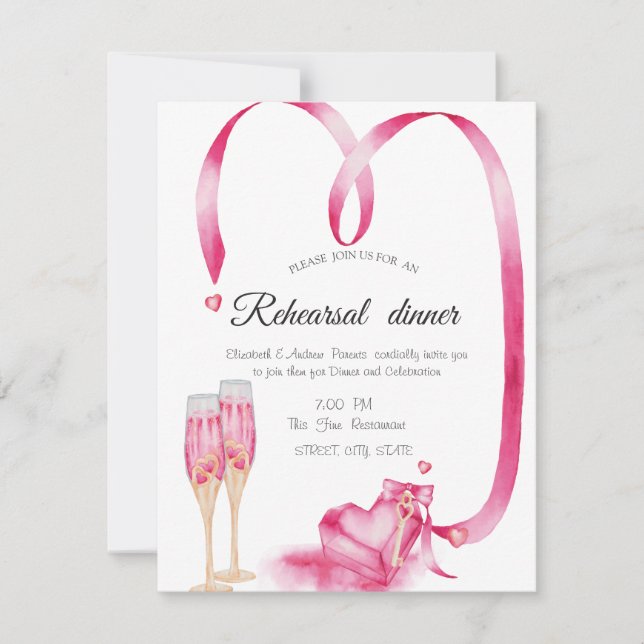 Red Hearts Champagne Glass Rehearsal Dinner  Invitation (Front)