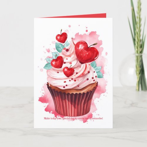 Red Hearts Cherries Cupcake Valentines Day Card