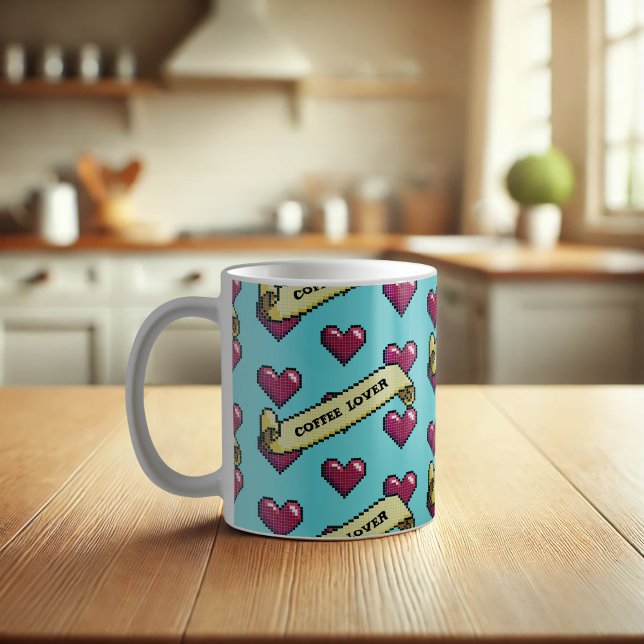 Red Hearts Coffee Lover Retro Pixel Art Pattern Coffee Mug (Creator Uploaded)