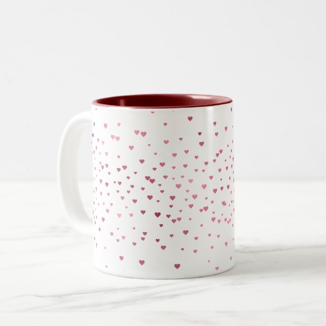 Red Hearts Confetti Two-Tone Coffee Mug (Front Left)