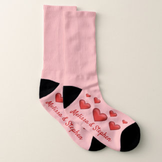 Red Hearts &amp; Custom Couple Names Valentine's Day Socks