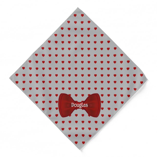 Red Hearts Cute Bow Tie Personalized Gray Pet Bandana (Front)