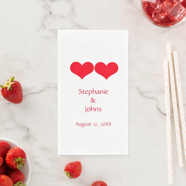 Red Hearts Cute Couple Wedding Engagement Elegant Paper Guest Towels (Insitu)