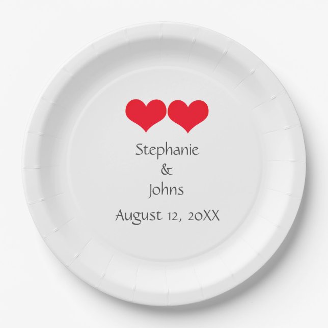 Red Hearts Cute Couple Wedding Valentines Day 2023 Paper Plates (Front)