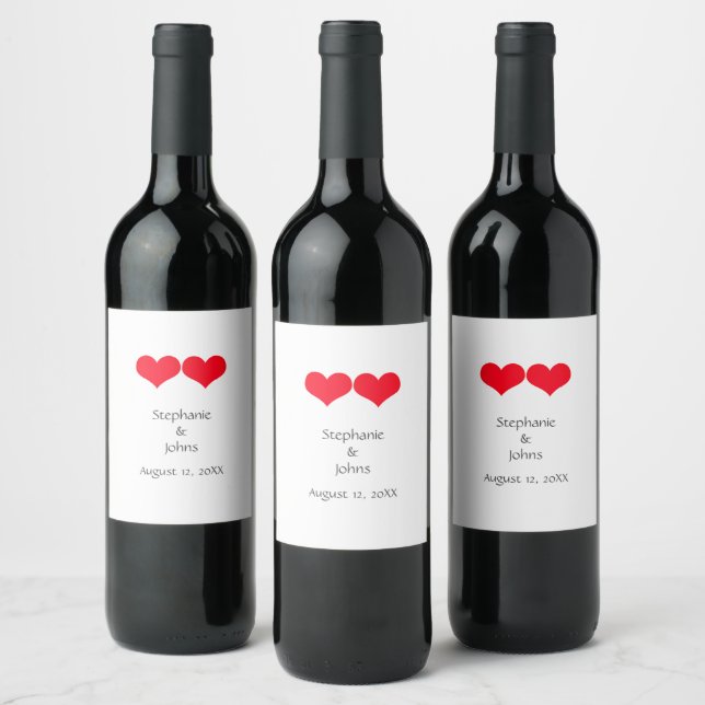 Red Hearts Cute Couple Wedding Valentines Day 2023 Wine Label (Bottles)