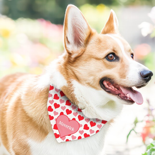 Red Hearts Cute Custom Name Pet Bandana Collar (Creator Uploaded)