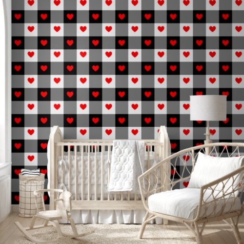 Red Hearts Cute Fun Black White Checkered Nursery Wallpaper