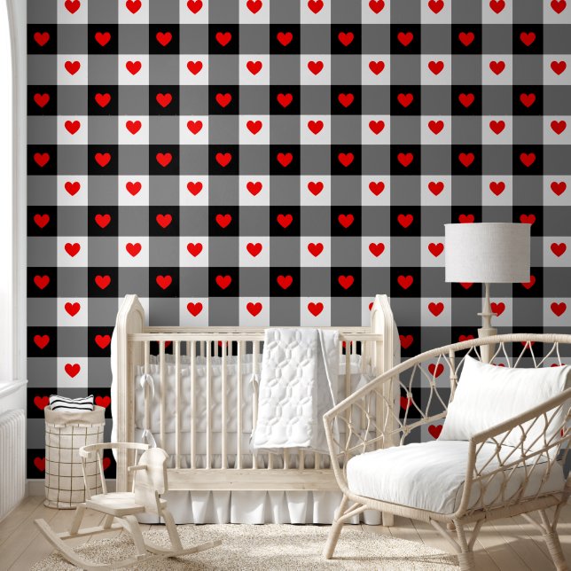  Red Hearts Cute Fun Black White Checkered Nursery Wallpaper (Kids)