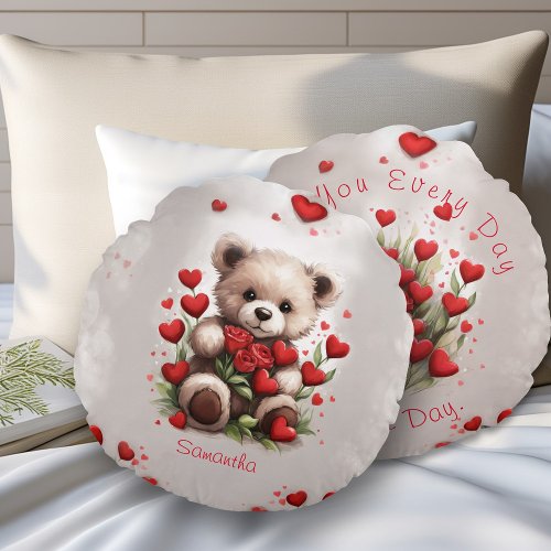 Red Hearts Cute Teddy Bear  Roses Valentines Day Round Pillow